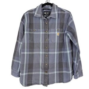 Carhartt Womens Loose Fit Flannel Shirt Blue Grey Plaid Medium 8-10